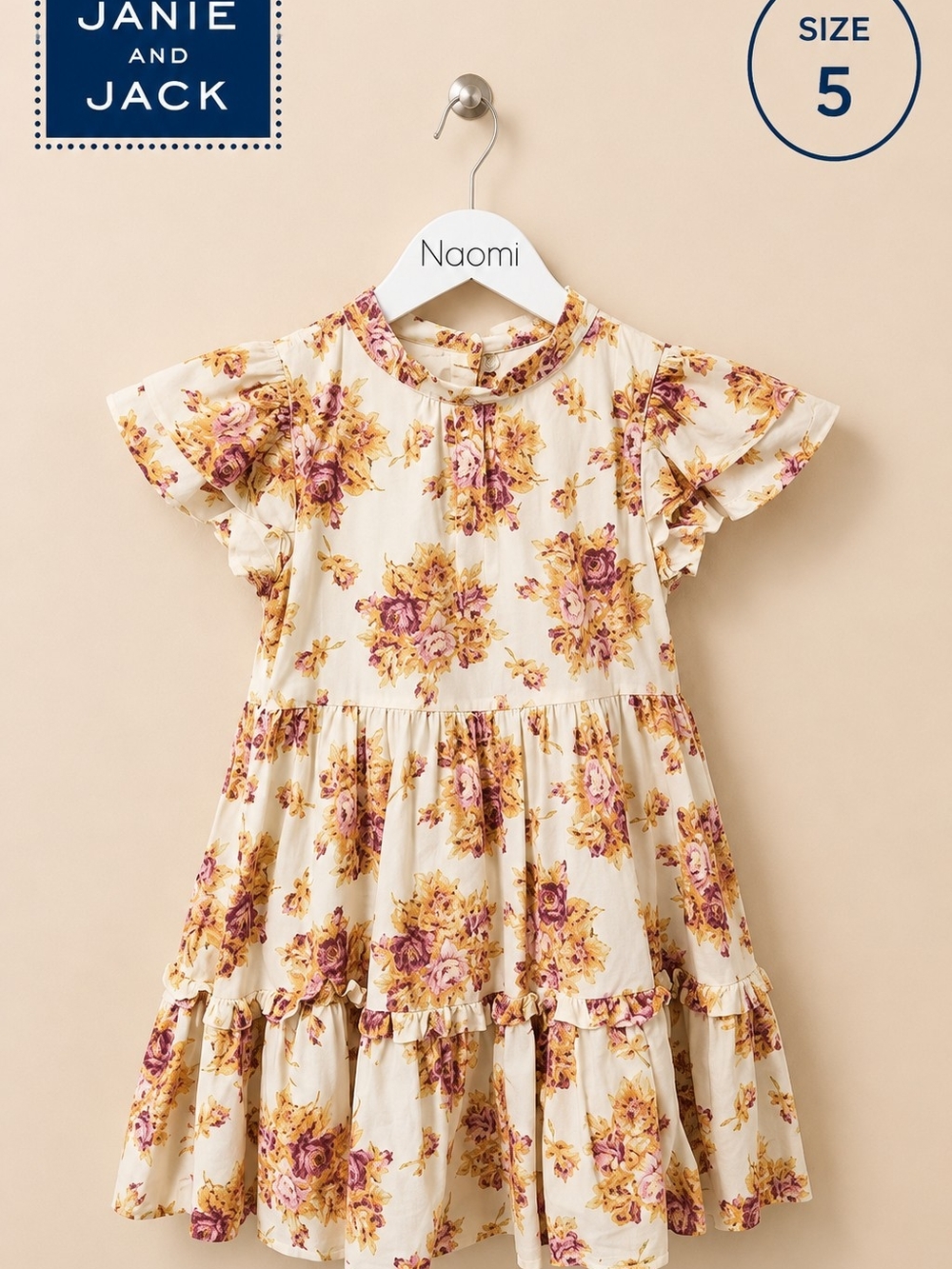 Janie and Jack Cream Floral Ruffle Tiered Dress with Pink and Yellow Blooms